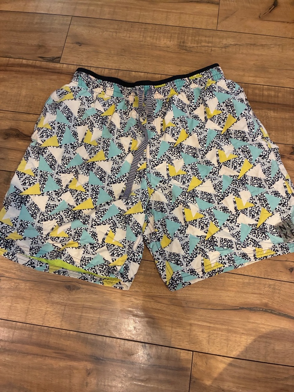 Nike Men's Geometric Print Swim Trunks in White, Aqua & Yellow